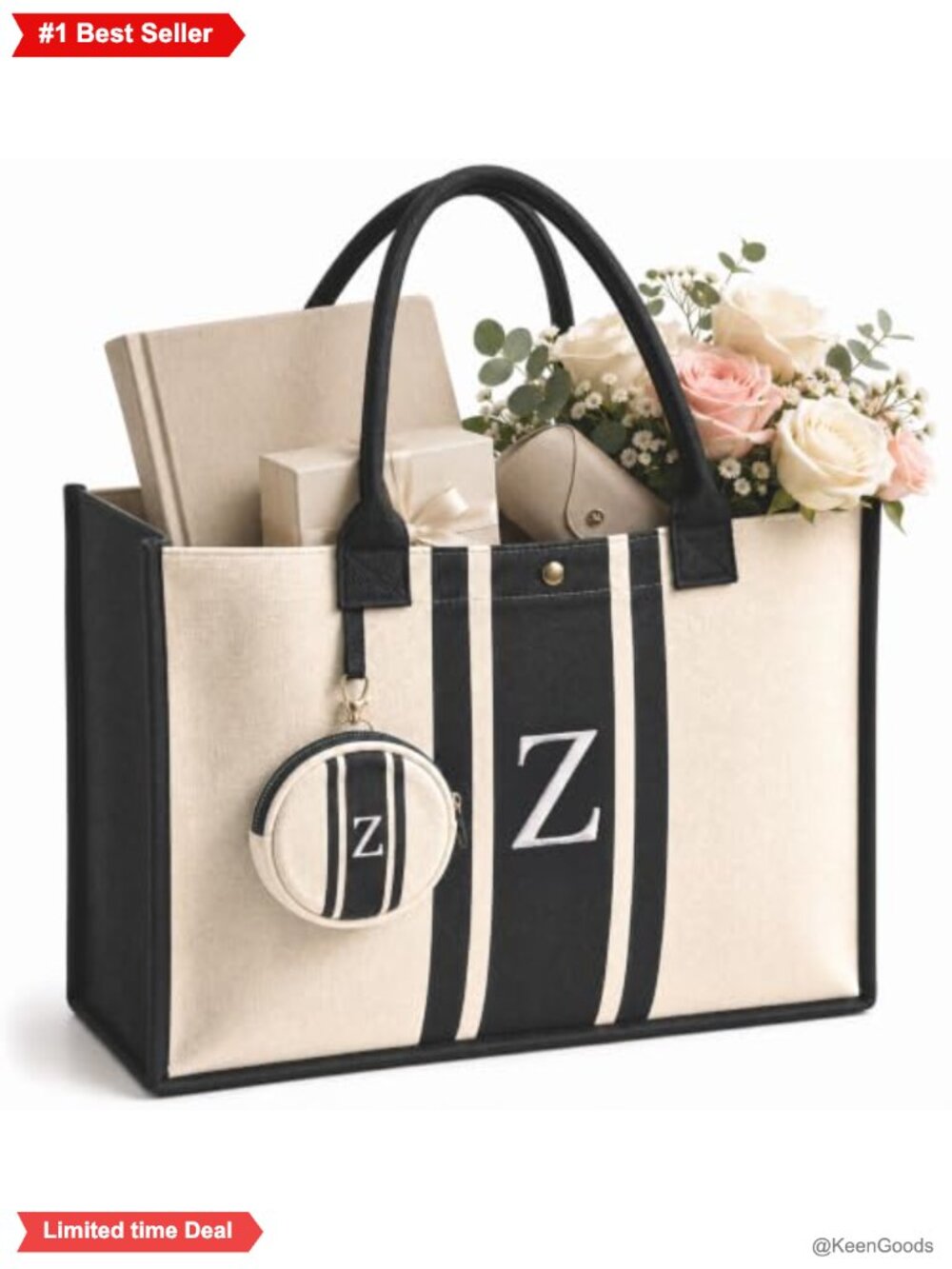Monogrammed Initial Canvas Tote Bag Set with Makeup Pouch Cotton Tote